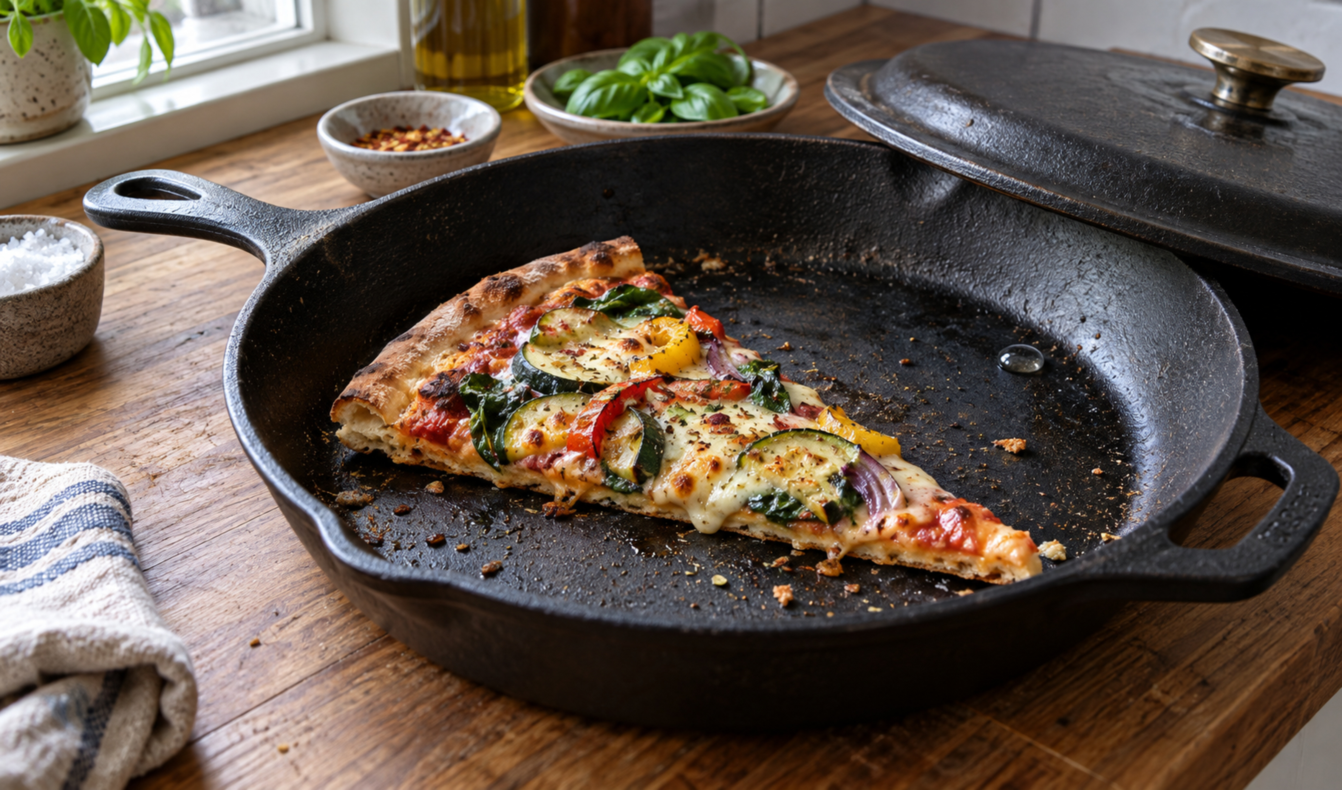 Maradék zöldséges pizza újramelegítése fedeles öntöttvas serpenyőben