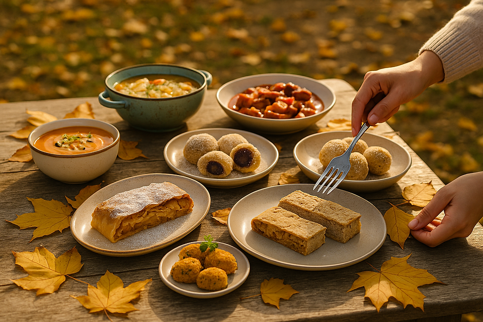 Őszi terített asztal falevelek között, rajta hagyományos magyar ételek – krumplileves, almás rétes, szilvás gombóc – és modern, egészséges alternatíváik, aranyló napfényben.