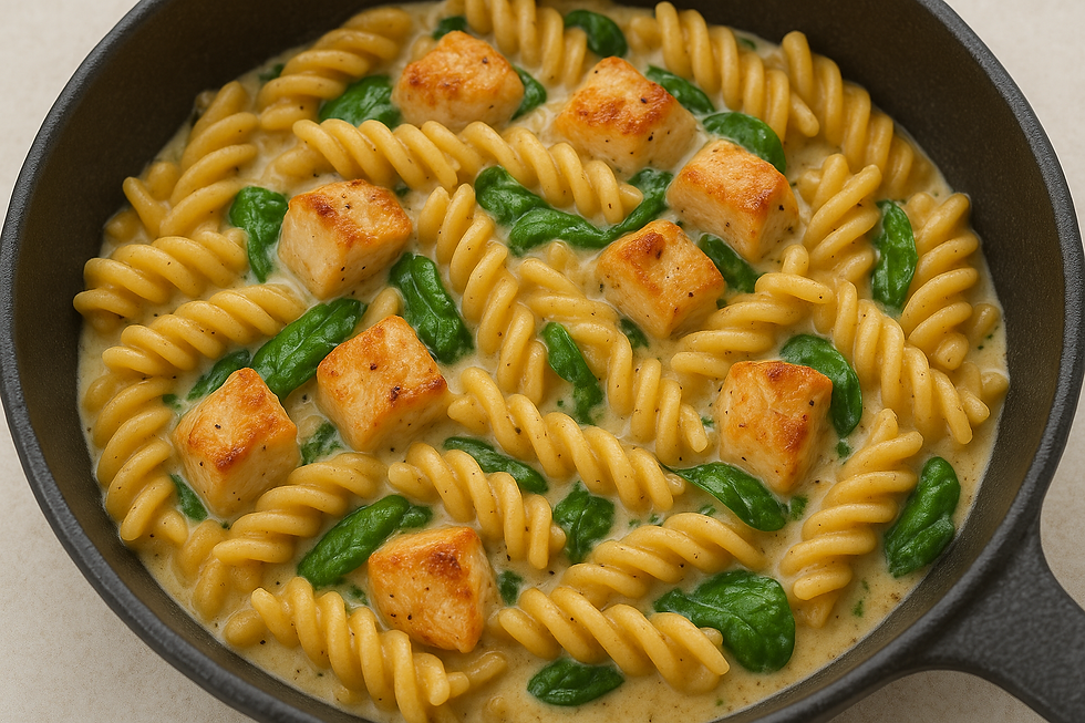 Közelről fotózott krémes BenFit fusilli tészta pirított csirkekockákkal és friss spenóttal, tejszínes-fokhagymás szószban, fekete serpenyőben tálalva.