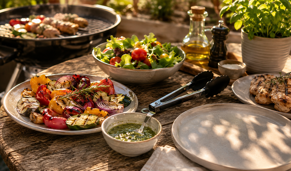 Nyári grillezéshez előkészített gluténmentes vacsora grillezett zöldségekkel, friss salátával, külön tálalt zöld szósszal és tiszta tányérral.