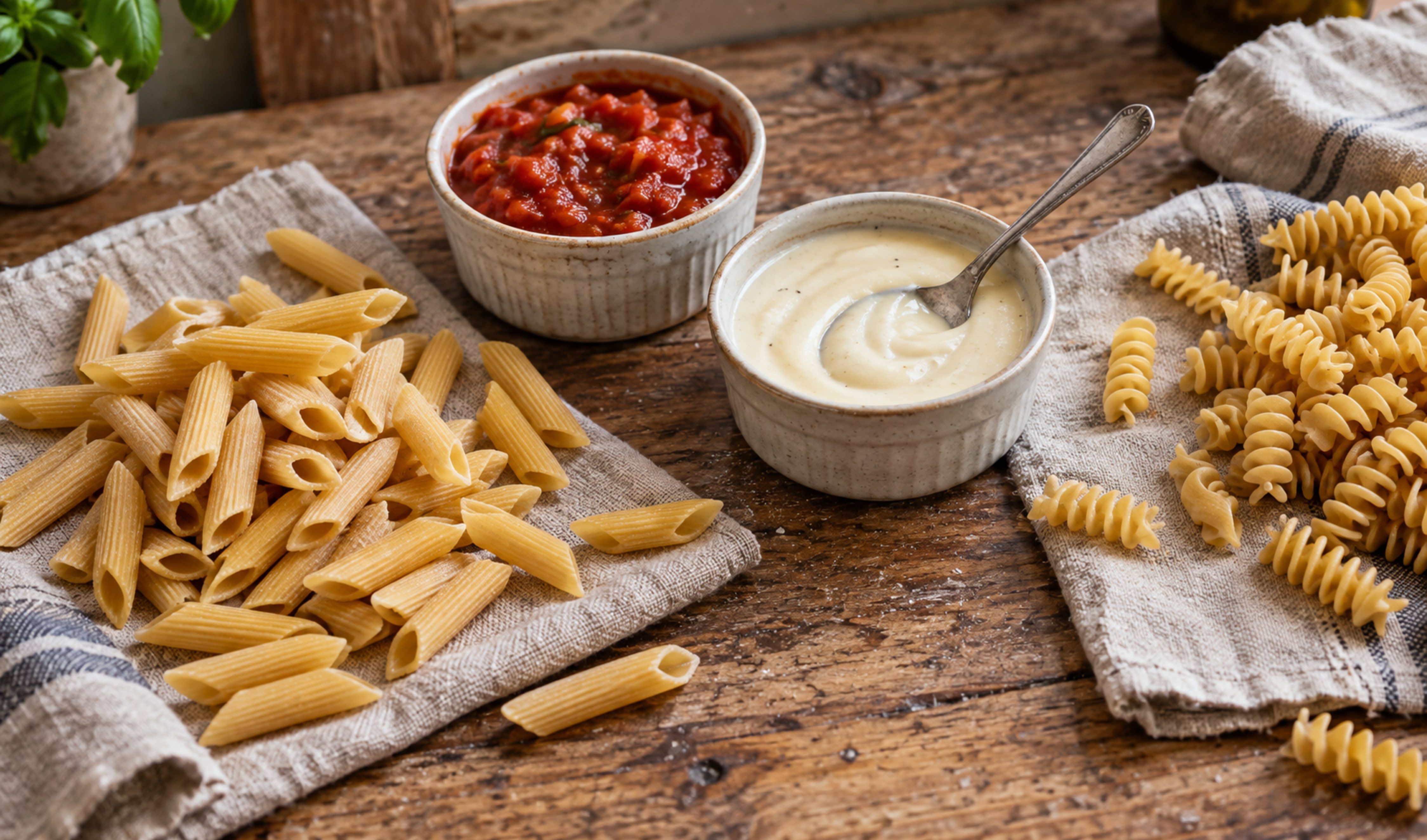 Száraz penne és fusilli két eltérő állagú szósszal összehasonlítva