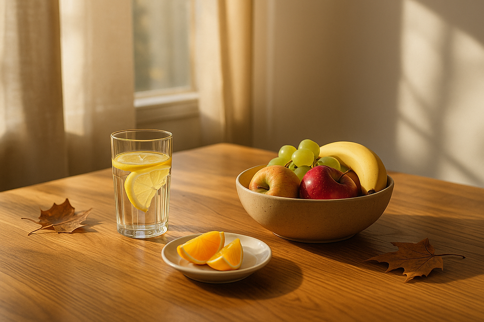 Őszi reggeli fényben megterített asztal friss gyümölccsel, citromos vízzel és falevelekkel, természetes energiát és nyugodt wellness hangulatot sugárzó környezetben.