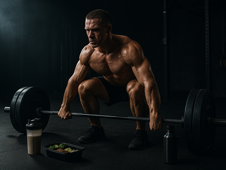 Drámai fényben edzőteremben súlyemelő sportoló, előtte protein shake, meal prep doboz és kulacs, a kemény edzés és tudatos táplálkozás szimbólumaként.