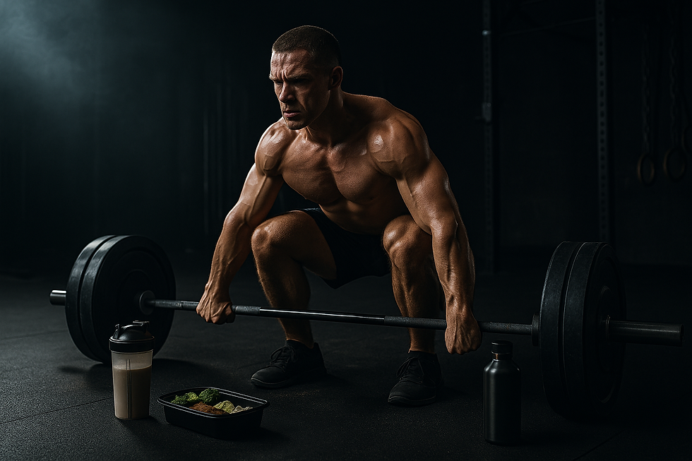 Drámai fényben edzőteremben súlyemelő sportoló, előtte protein shake, meal prep doboz és kulacs, a kemény edzés és tudatos táplálkozás szimbólumaként.