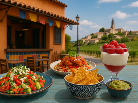 yári diétás receptek inspiráció: mexikói stílusú étterem teraszán tálalt mediterrán saláta, dizájnos tálkában Corn & Joy Cheddar Jalapeno snack guacamoléval, málnás túrókrém és ázsiai ízvilágú főétel, háttérben francia vidéki tájjal.