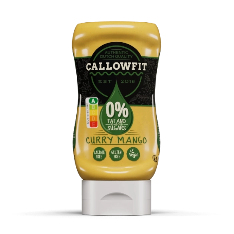 Callowfit Curry-Mango Sauce 300 ml palack – cukormentes, zsírszegény, glutén- és laktózmentes trópusi szósz vegán ételekhez.