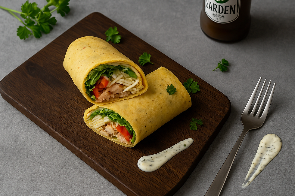 Félbevágott keto wrap grillezett csirkével, sajttal és zöldségekkel egy fa tálalón, street food stílusban