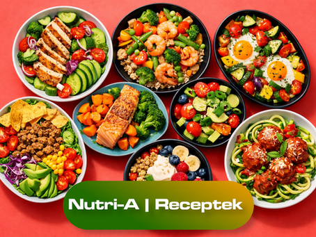 Hét különböző, színes diétás vacsora egy képen, egészséges alapanyagokból készült univerzális vacsoraötletek élénk háttéren.