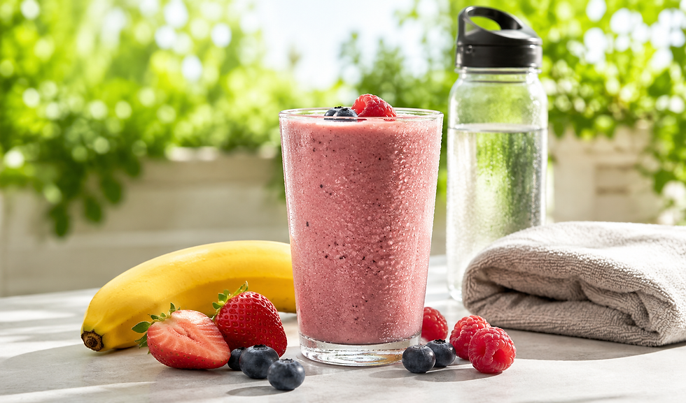 Hűs bogyós gyümölcsös smoothie banánnal, eperrel, málnával, áfonyával, sportkulaccsal és edzőtörölközővel nyári pre workout étkezéshez.