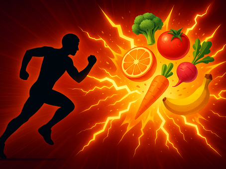 Akciódús illusztráció, amely egy futó emberi alakot ábrázol, amint tápanyagban gazdag ételek – narancs, brokkoli, paradicsom, répa, cékla és banán – robbanásszerű energiakitörésével szemben fut; a kép a mikrotápanyagok energiát adó szerepét jelképezi.