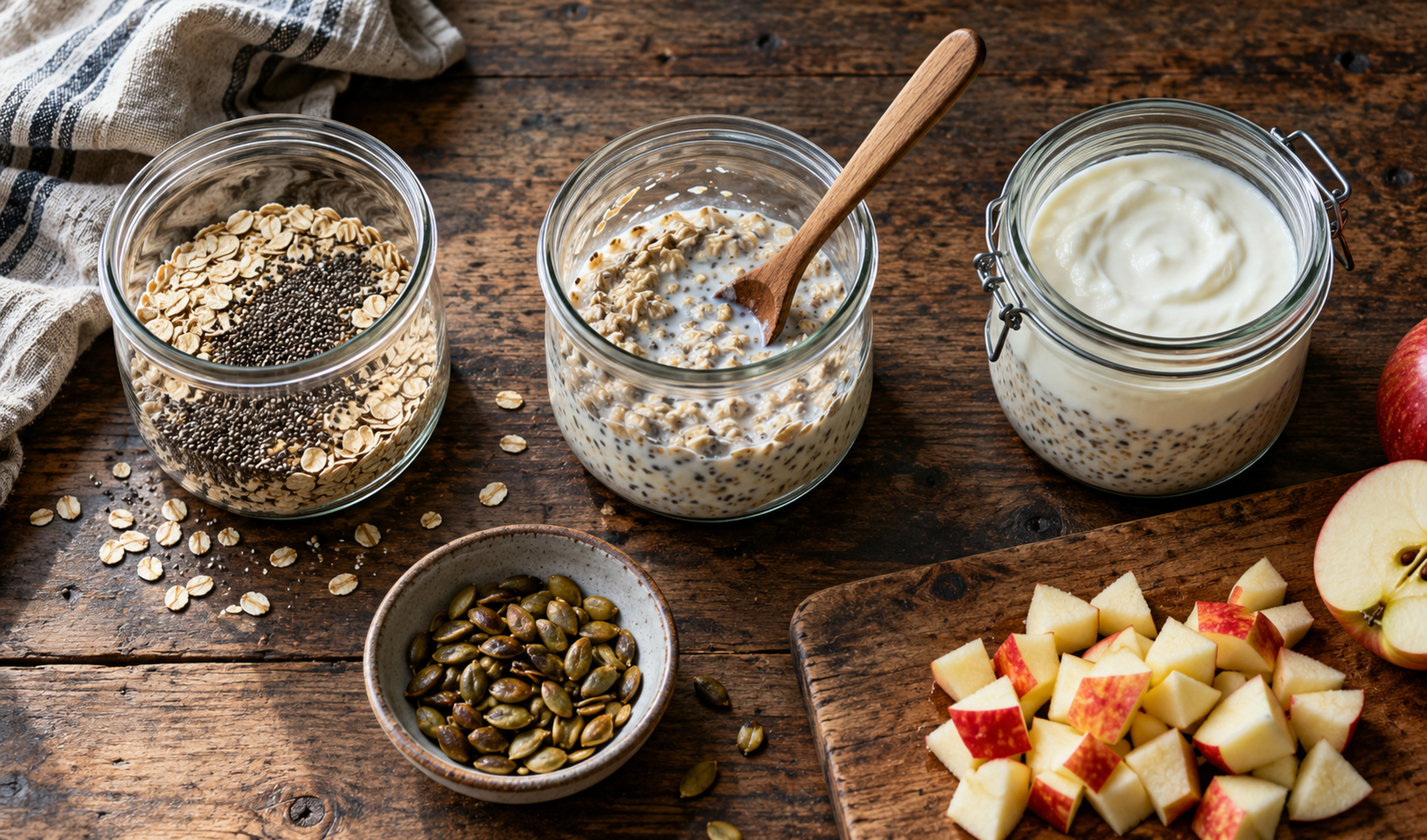 Zab, chia mag és joghurt három előkészítési fázisban, almával és tökmaggal
