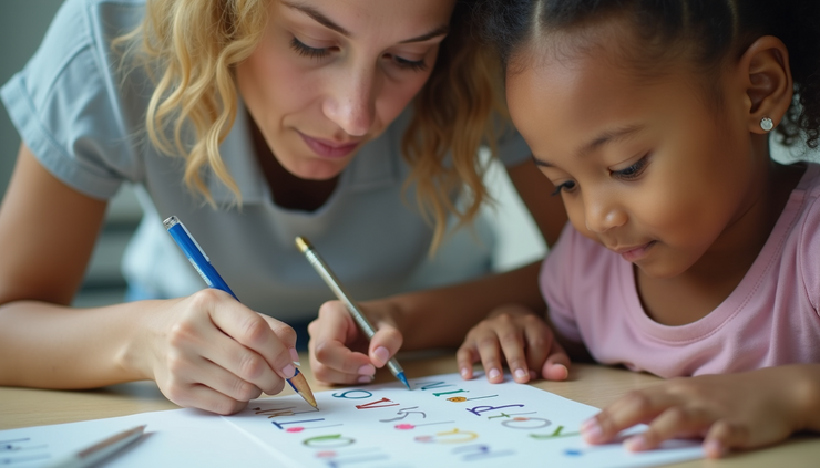 Close-up view of a teacher guiding a student through phoneme sounds with letter cards