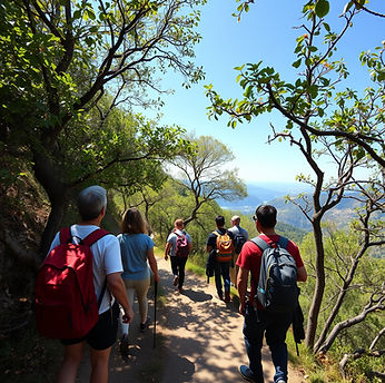group hiking tour in positano on the mountain with italian trees, plant ,leaves all around