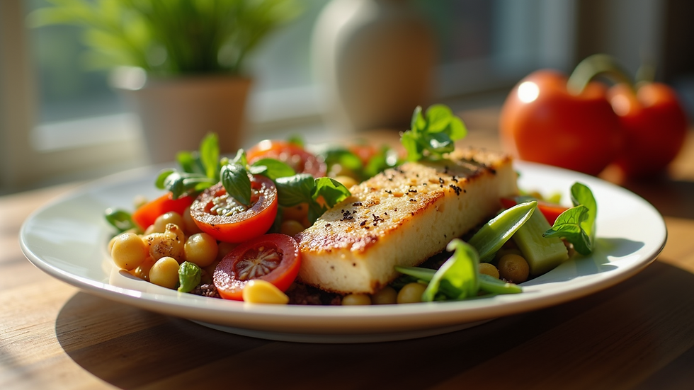 Close-up view of a healthy meal with vegetables and protein