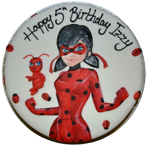 Bespoke ladybug celebration cake with red and black fondant dots, crafted in Solihull, West Midlands.