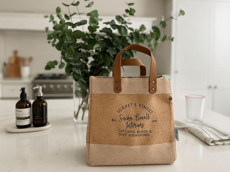 Sacha Boxall bag on a kitchen island with eucalyptus in a vase behind