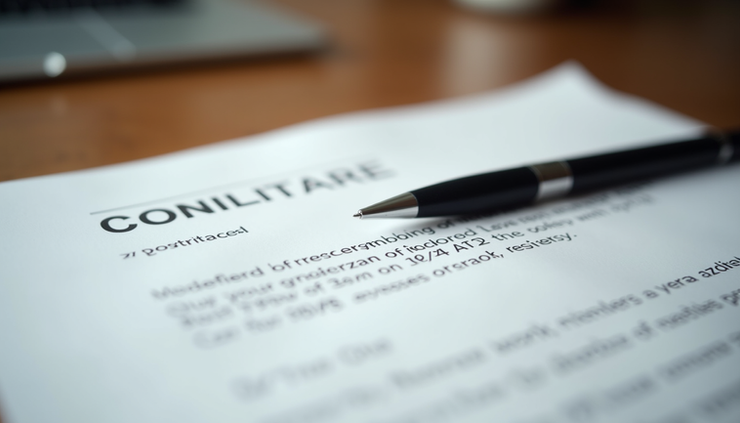 Eye-level view of a contract document on a wooden desk with a pen