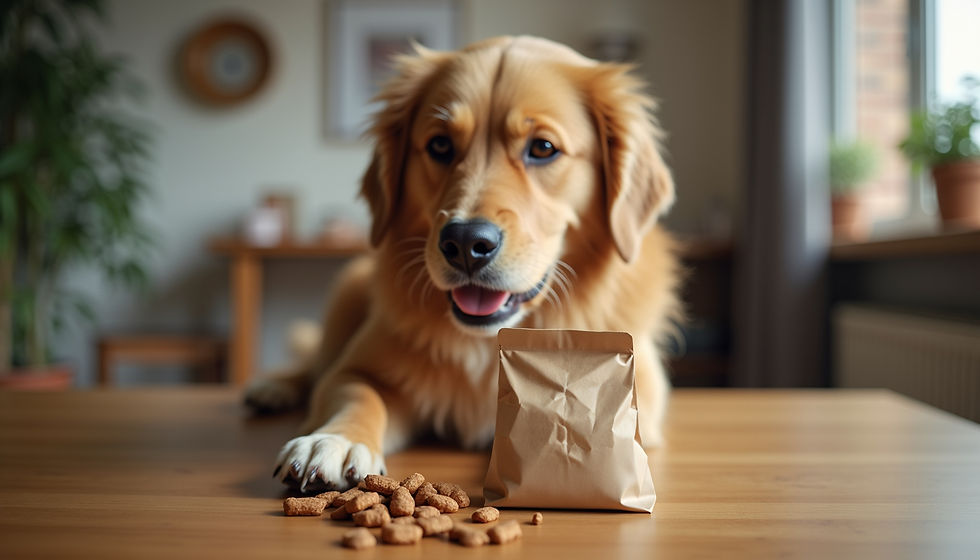 Eye-level view of a small bag of dog training treats on a wooden table