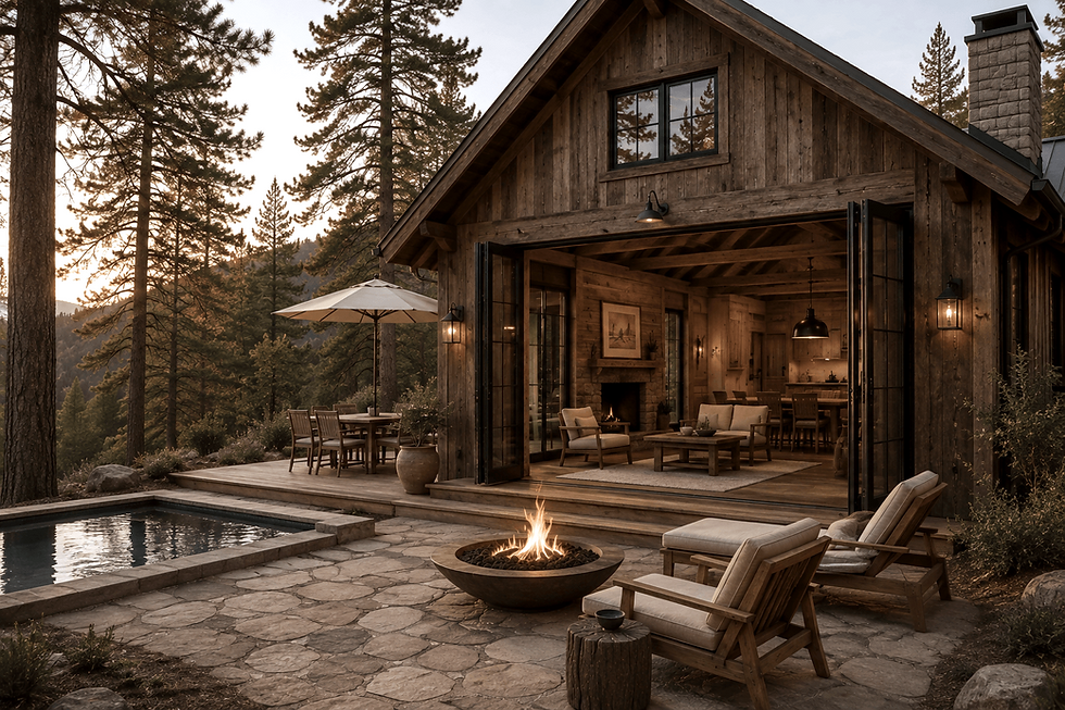 Rustic cabin with outdoor patio, fire pit, and pool at dusk