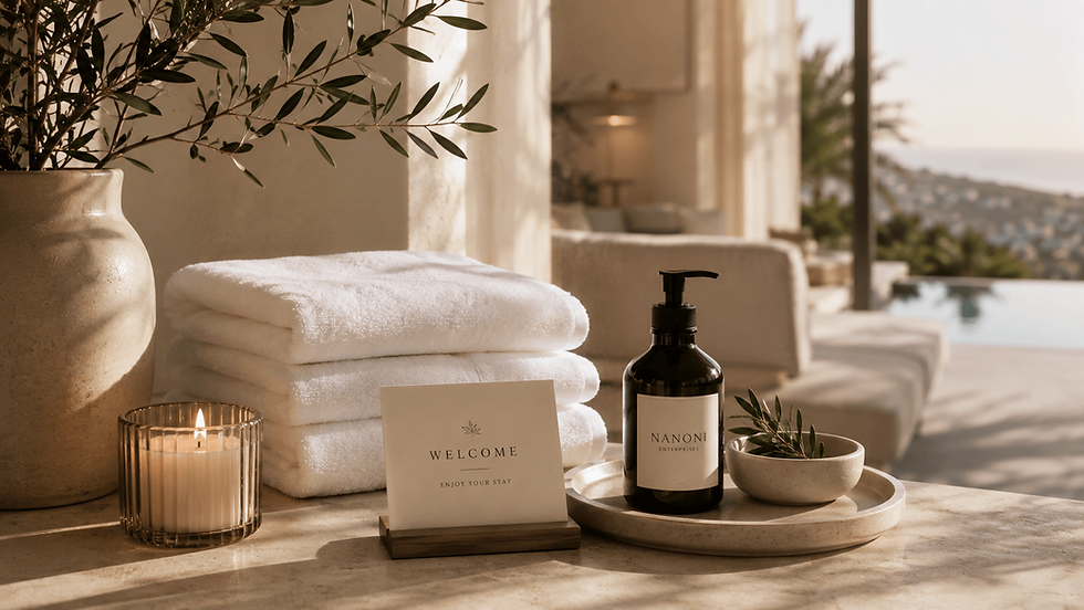 Luxury spa towels, candle, and welcome card on a terrace