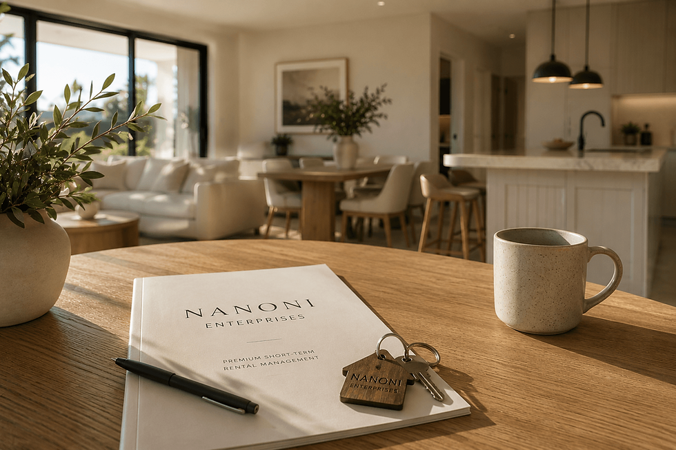 Nanoni Enterprises folder, keys and mug on a wooden table.