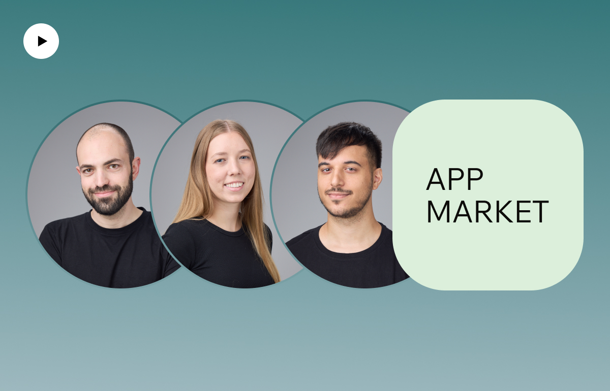 A promotional video titled "App Market," with three team members in circular frames on a teal background. A pale green block highlights the title "App Market."