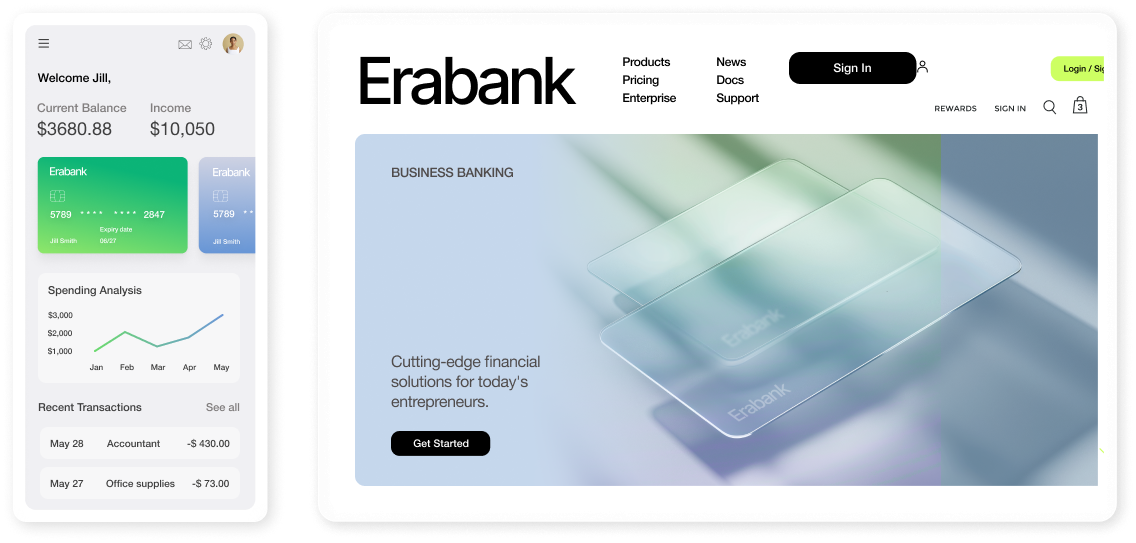 Ein Beispiel für eine Website und eine App für ein digitales Bankprodukt. 