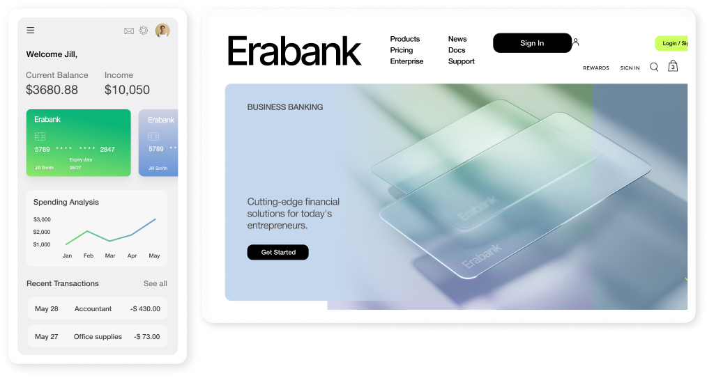 Ein Beispiel für eine Website und eine App für ein digitales Bankprodukt. 