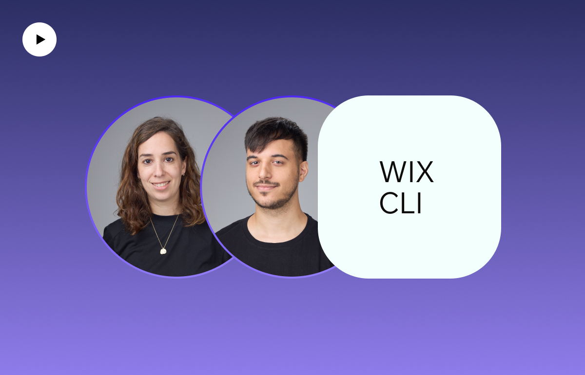 A video titled "Wix CLI," showcasing two team members in circular frames on a purple background. A light-colored block highlights the title "Wix CLI." Reply