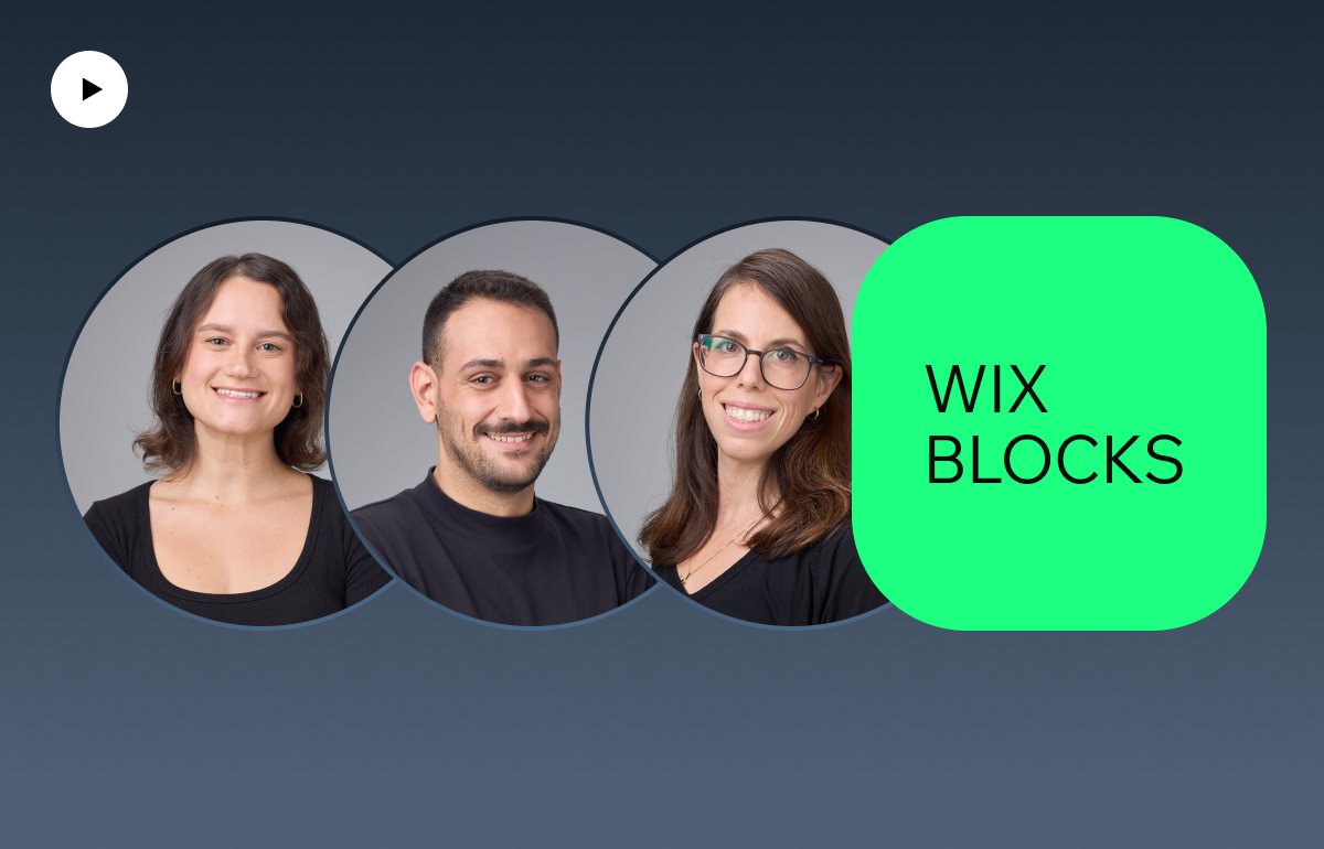 A promotional video titled "Wix Blocks," featuring three team members in circular frames on a dark blue background. A bright green block displays the title "Wix Blocks."