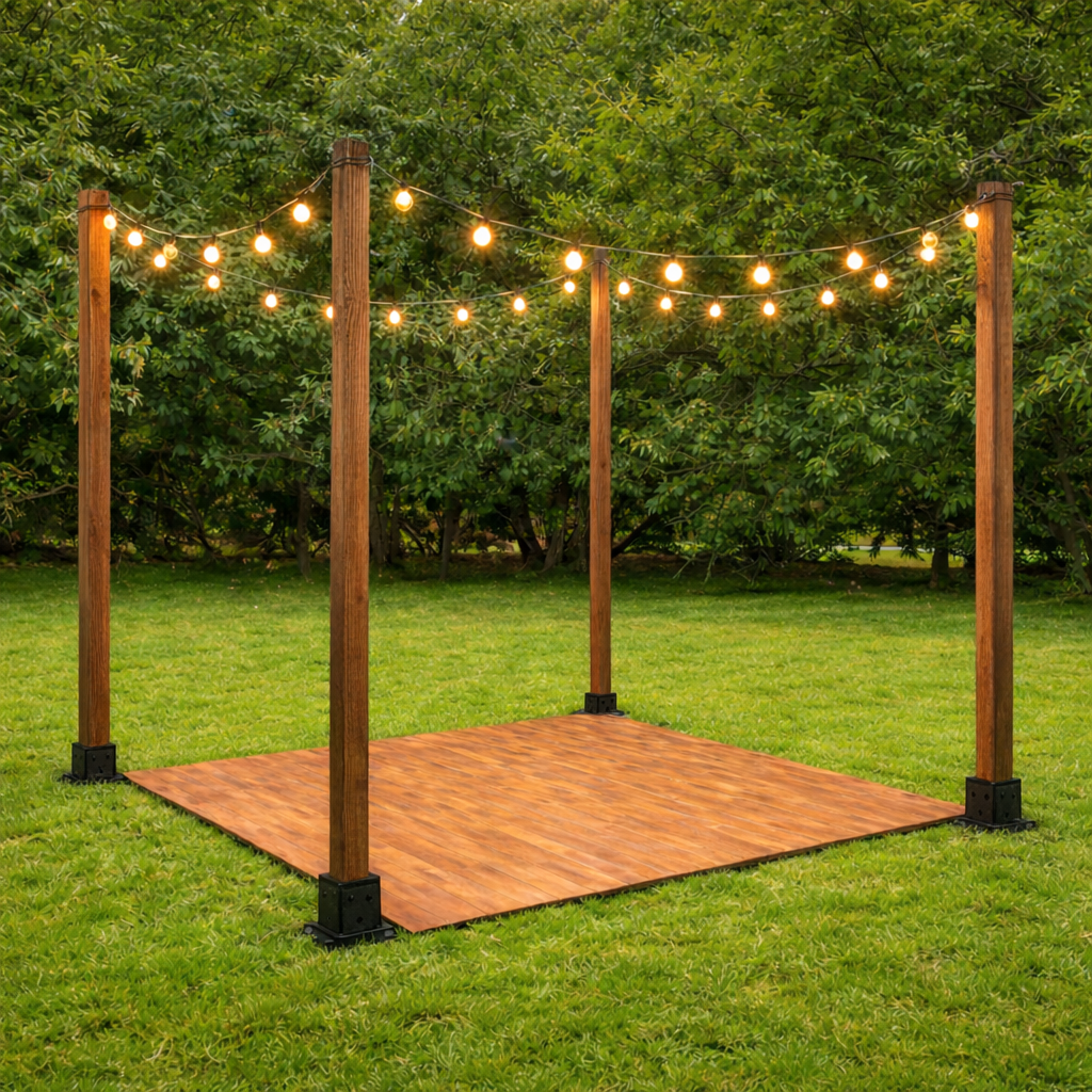 15x15 dance floor with hanging string light poles rental for outdoor weddings and events in San Antonio TX