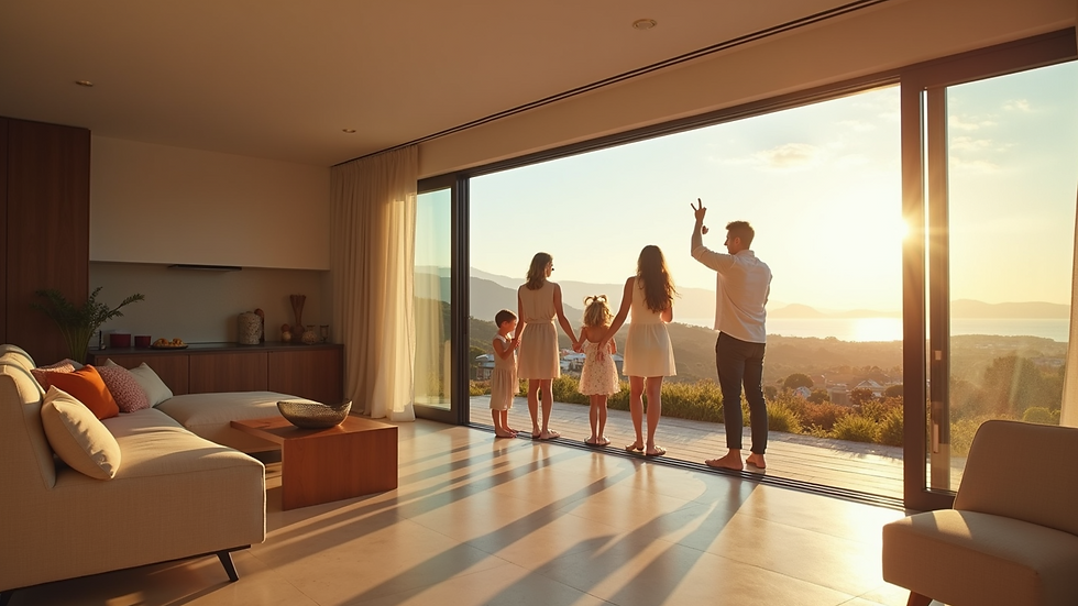 Wide angle view of a family celebrating in their new home in Portugal