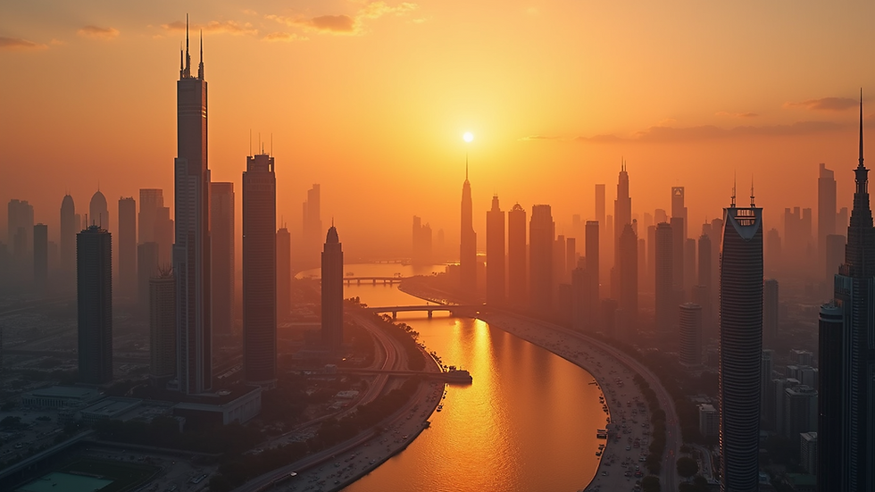 Eye-level view of the stunning Dubai skyline at sunset