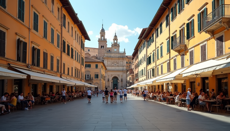 Eye-level view of a charming Italian piazza with historic buildings and outdoor cafes