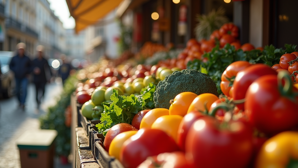 Close-up view of a local market in Portugal, filled with fresh produce