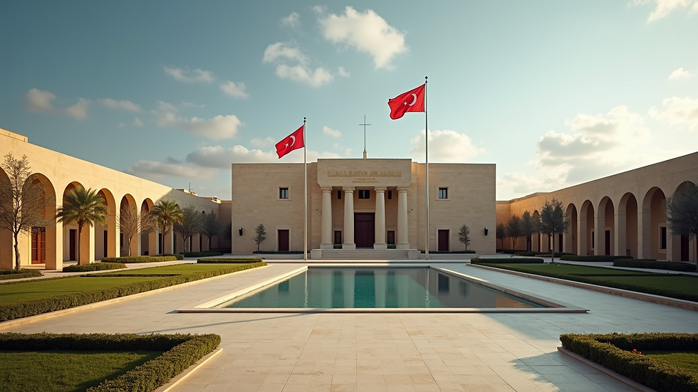 High angle view of a Maltese government building with flags