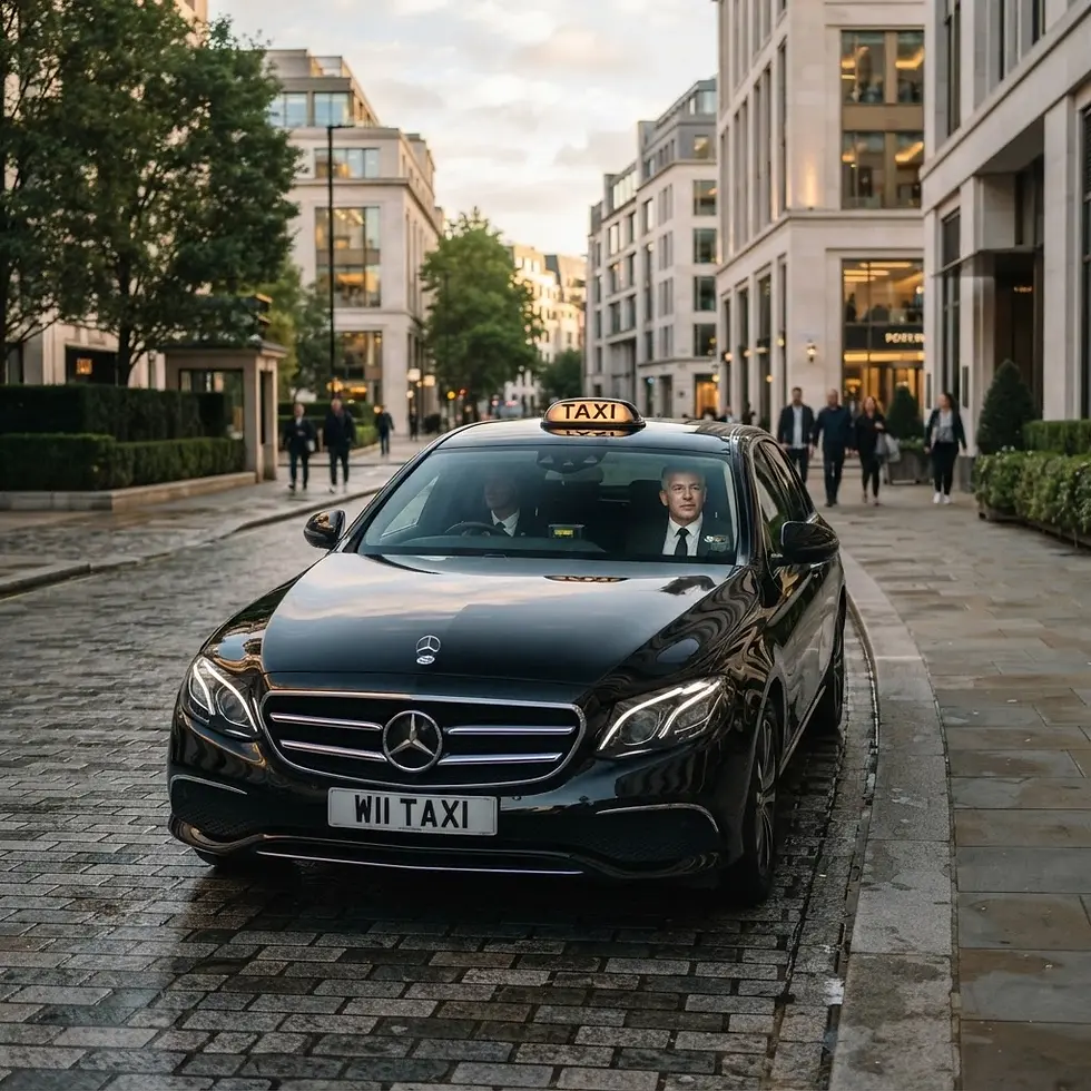 Street photography of a black Mercedes taxi driving on a wet cobblestone street in a sophisticated European city. The scene is captured with soft, diffused light.