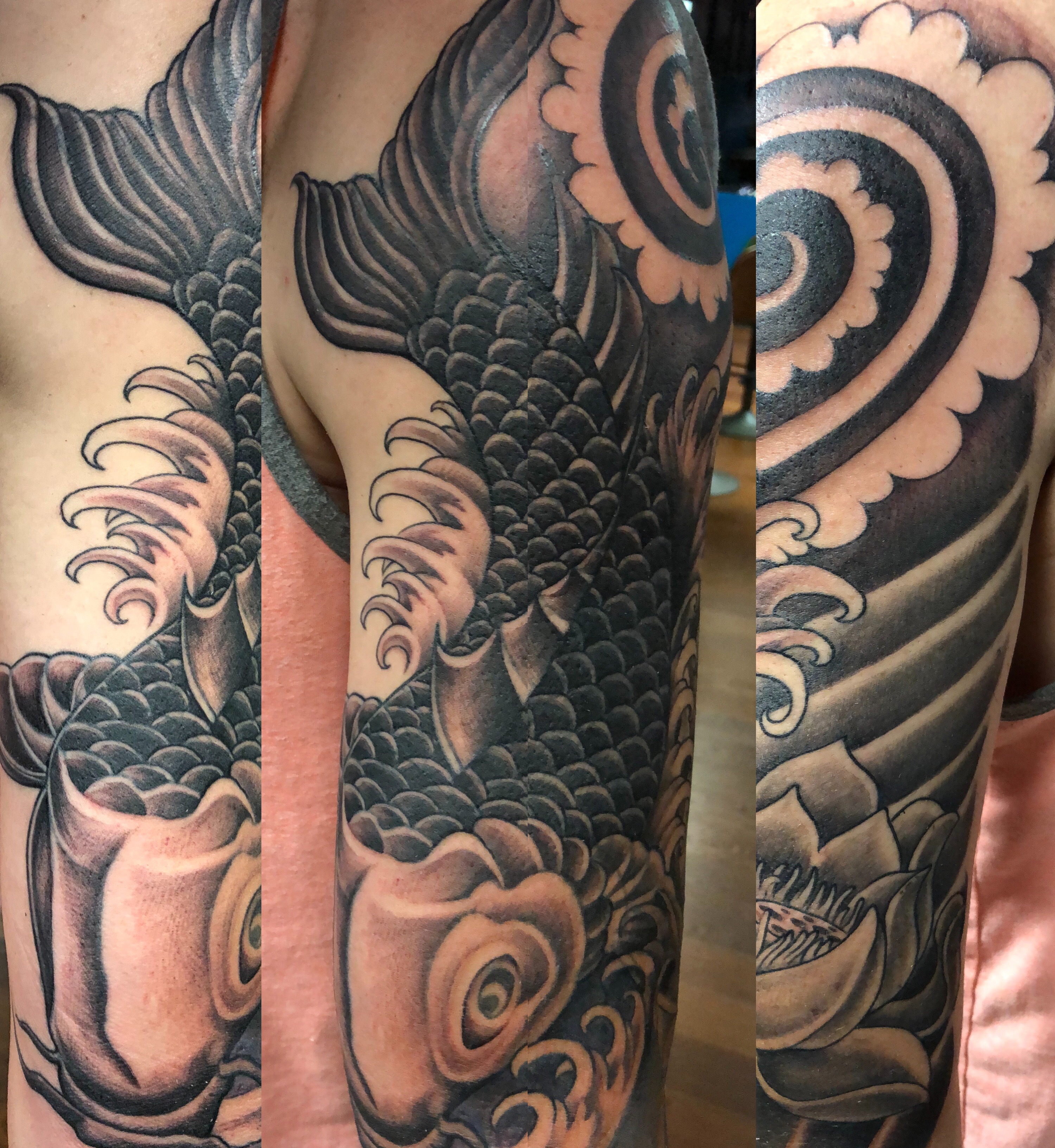 black and grey koi fish tattoo