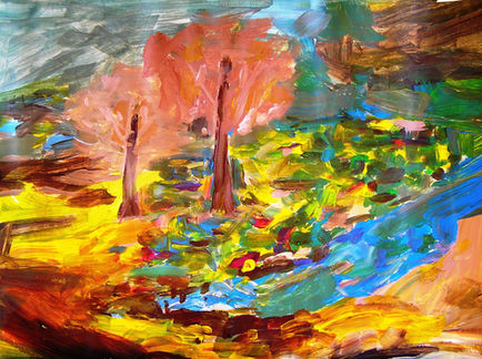 Colorful abstract painting with trees and vibrant landscape.
