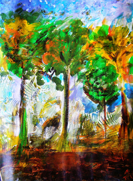 Colorful abstract painting of trees and foliage.