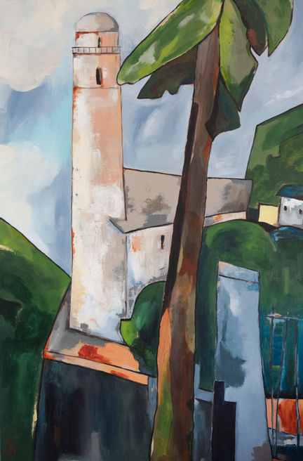 Abstract painting of a building and trees.