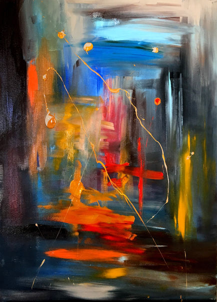 Abstract painting with vibrant colors and dynamic lines.