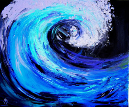 Abstract painting of a blue ocean wave.