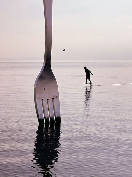 Fork standing on reflective surface, person in background.