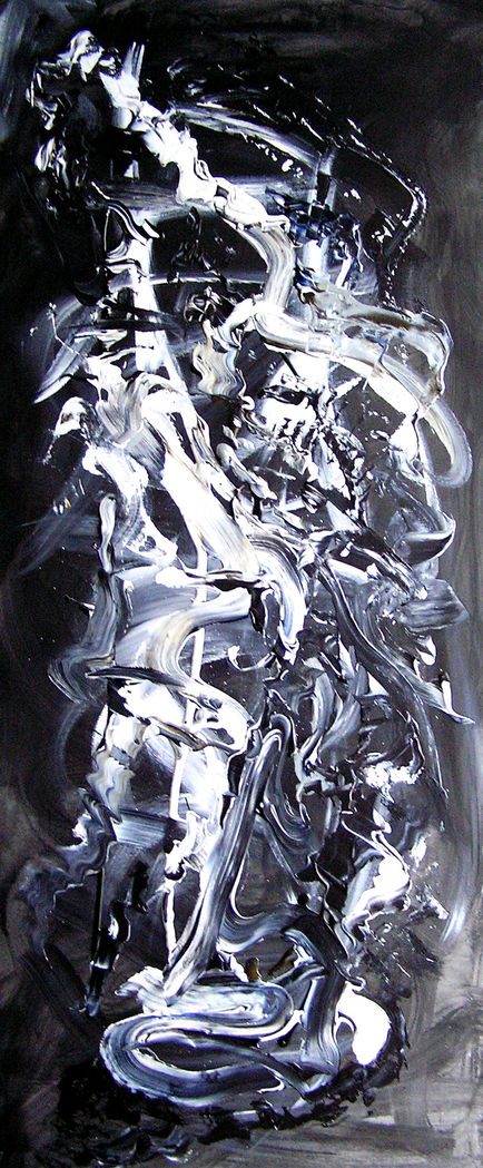 Abstract black and white swirling pattern artwork.