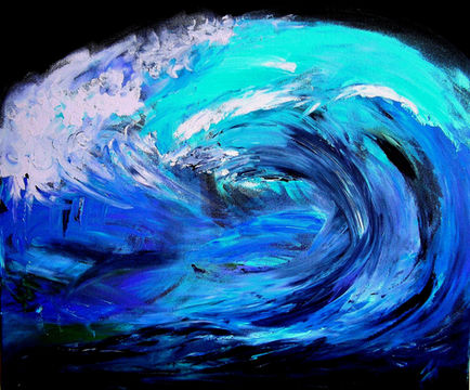 Abstract painting of a blue ocean wave.