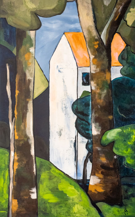 Colorful abstract painting of trees and a house.