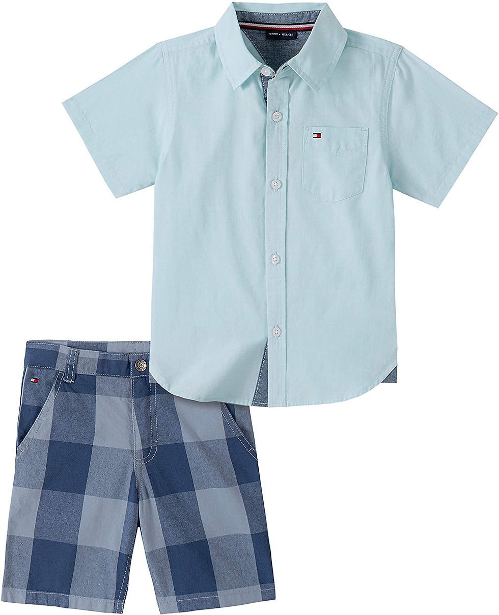 Tommy Hilfiger Baby Boys' 2 Pieces Shirt Shorts Set, Blue Plaid, 12M