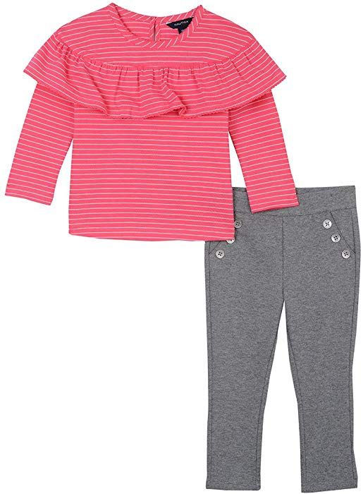 Nautica Baby Girls' Fashion Top with Legging Two Piece Set, Bright Pink Ruffles