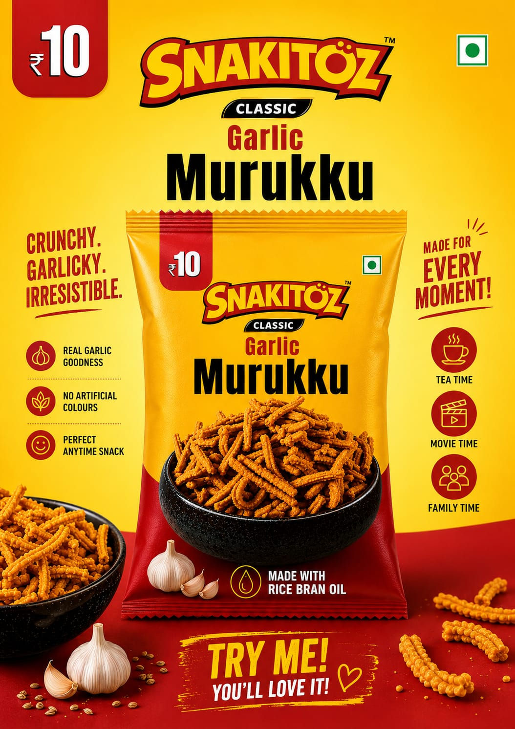 Snakitoz Classic Garlic Murukku | Crunchy - Garlicky Snack (Pack of 12)